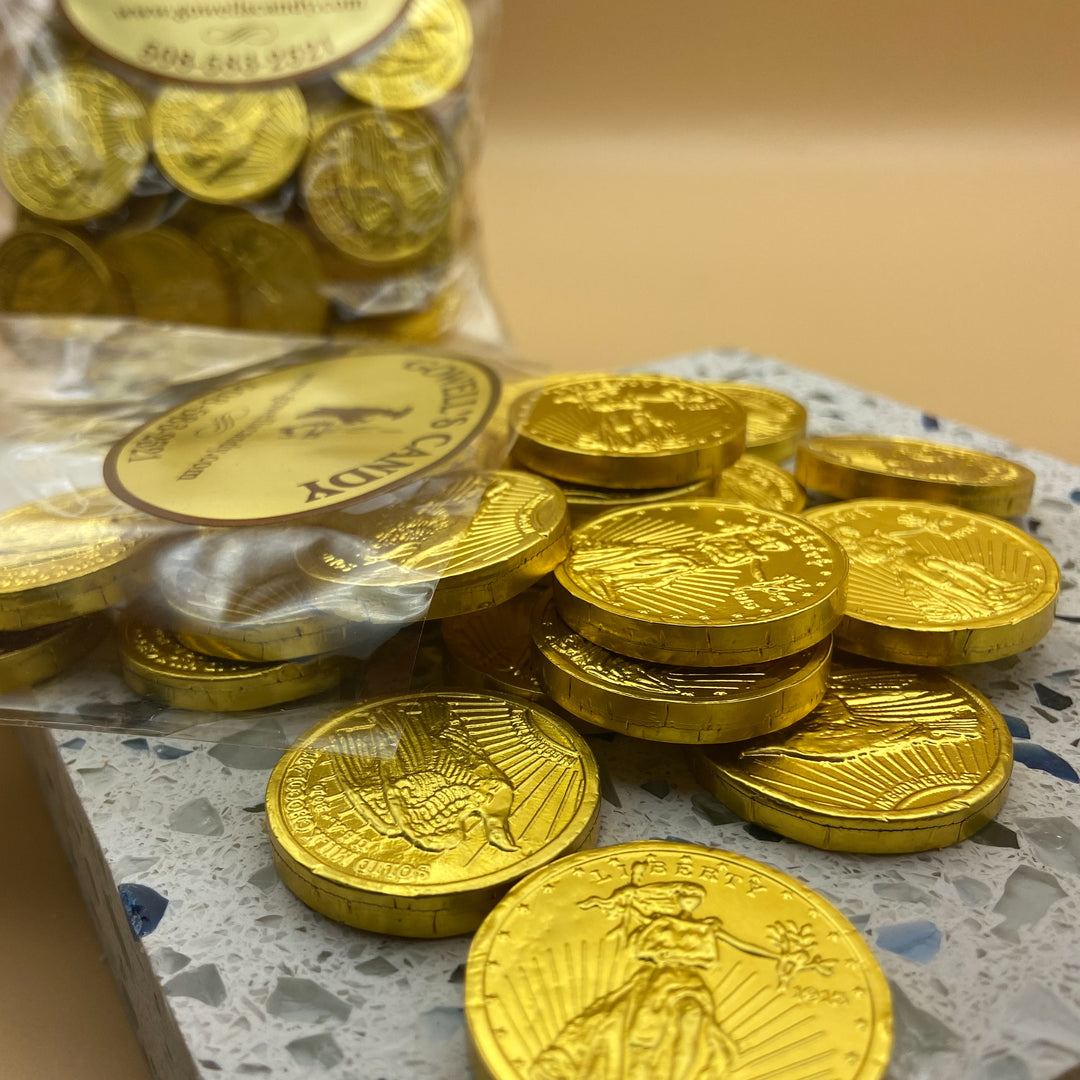 Chocolte Coin Gold Foil Wrapped Chocolate Coins – Buy Online – Gowell's Homemade Candy
